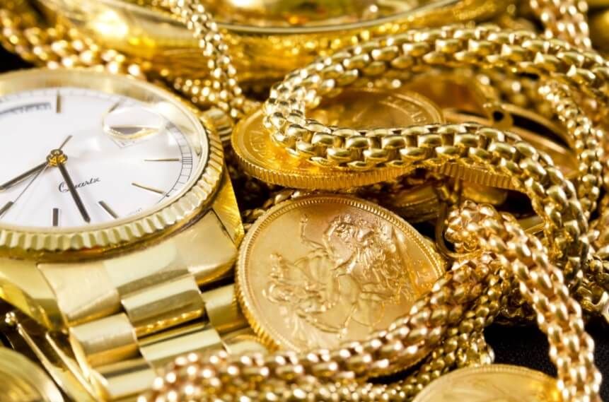Bijoux en or, pièces d'or et montre en or