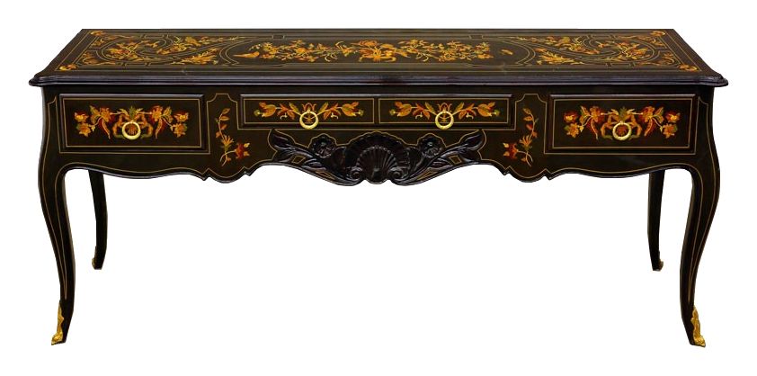 Bureau plat de style Louis XV en marqueterie florale, à bronzes dorés