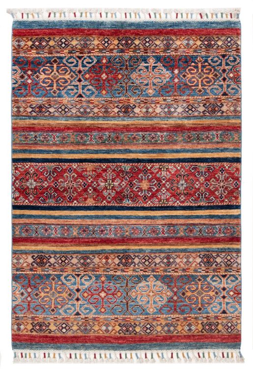 Tapis Khorjin afghan en laine, noué main, à décor de bandes horizontales rouges, bleues et ocre